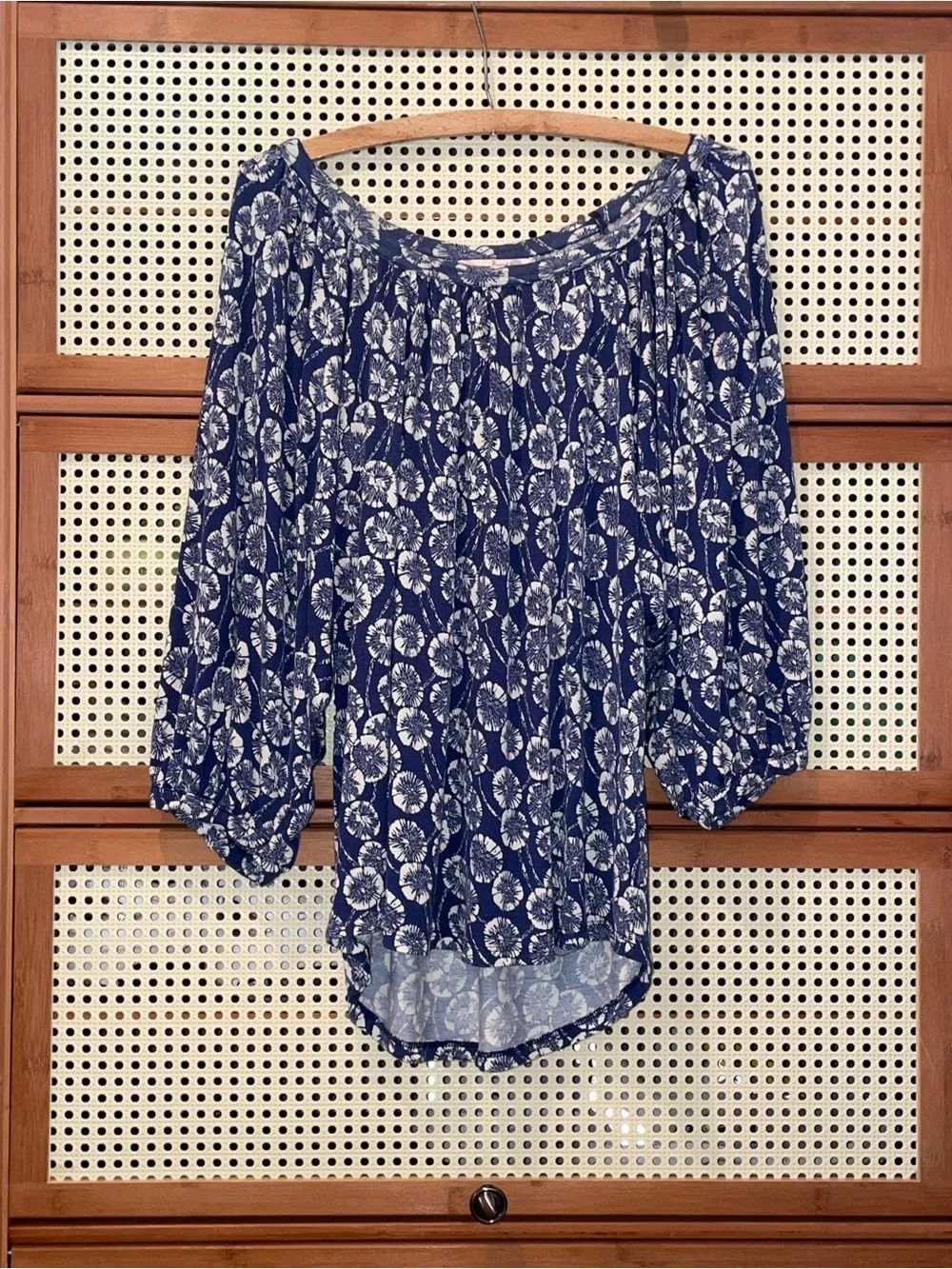 Boden Indigo Blue Floral Puff-Sleeve Knit Jersey Women's Top